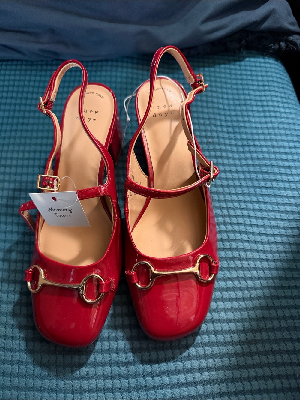 A.new Day Red  Patent Slingback Flats with Gold Horsebit